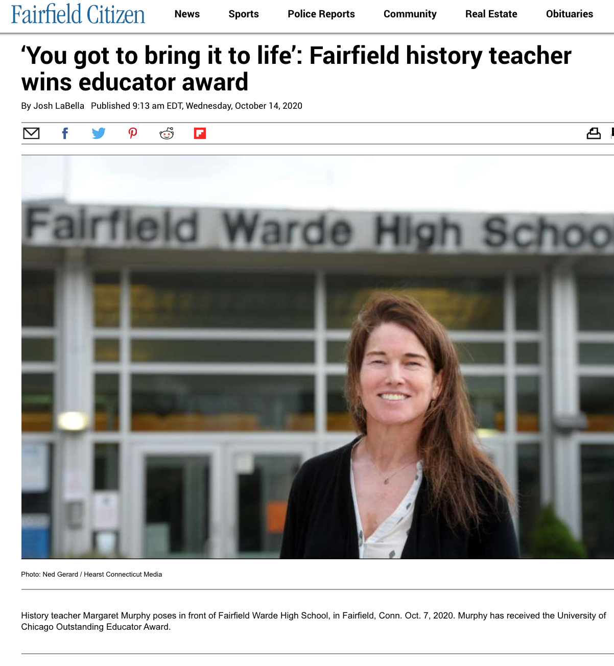 You got to bring it to life': Fairfield history teacher wins educator award  - Carnegie Prep